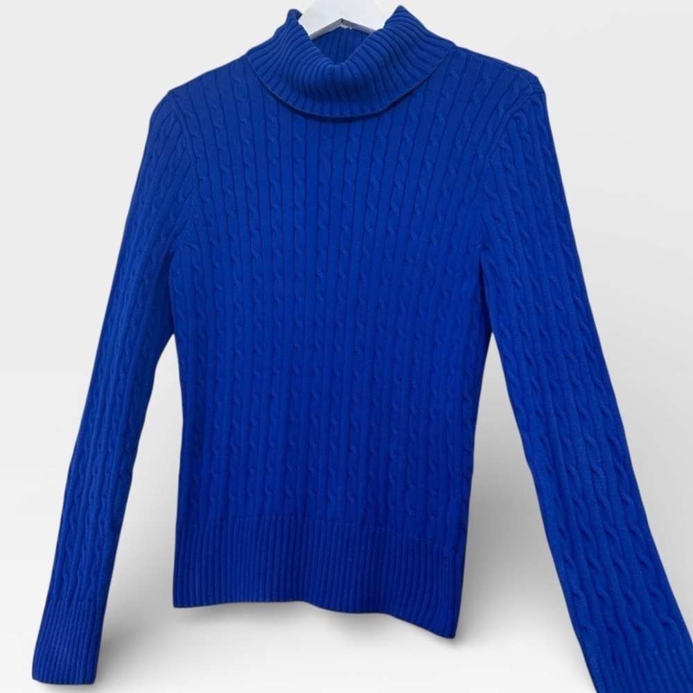 JEANNE PIERRE Blue Cable Knit Turtleneck Sweater 100% Cotton Vintage SMALL